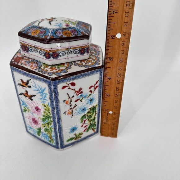Hexagon Asian Handpainted Ceramic Ginger Tea Jar Mid Century Modern Birds MCM - Picture 4 of 9